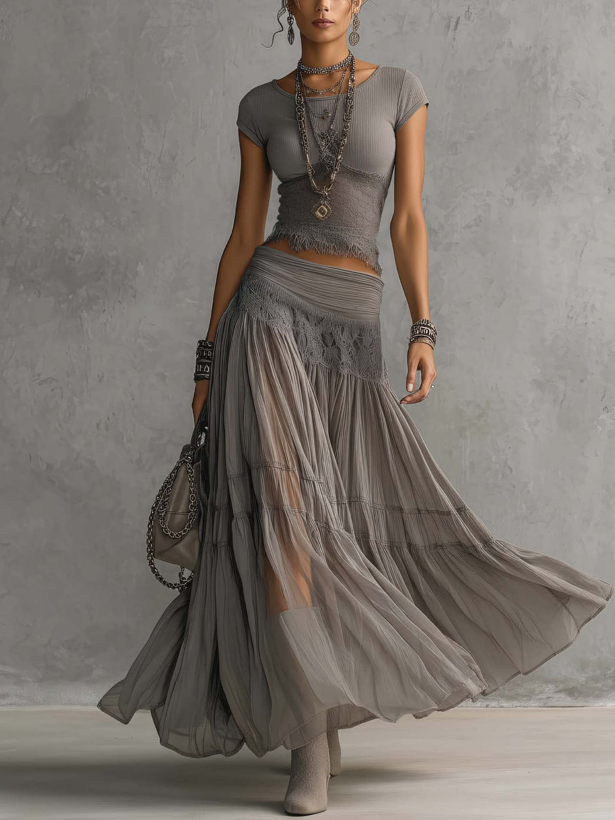 Elena | Lace Paneled Top & Pleated Maxi Skirt Set for Women