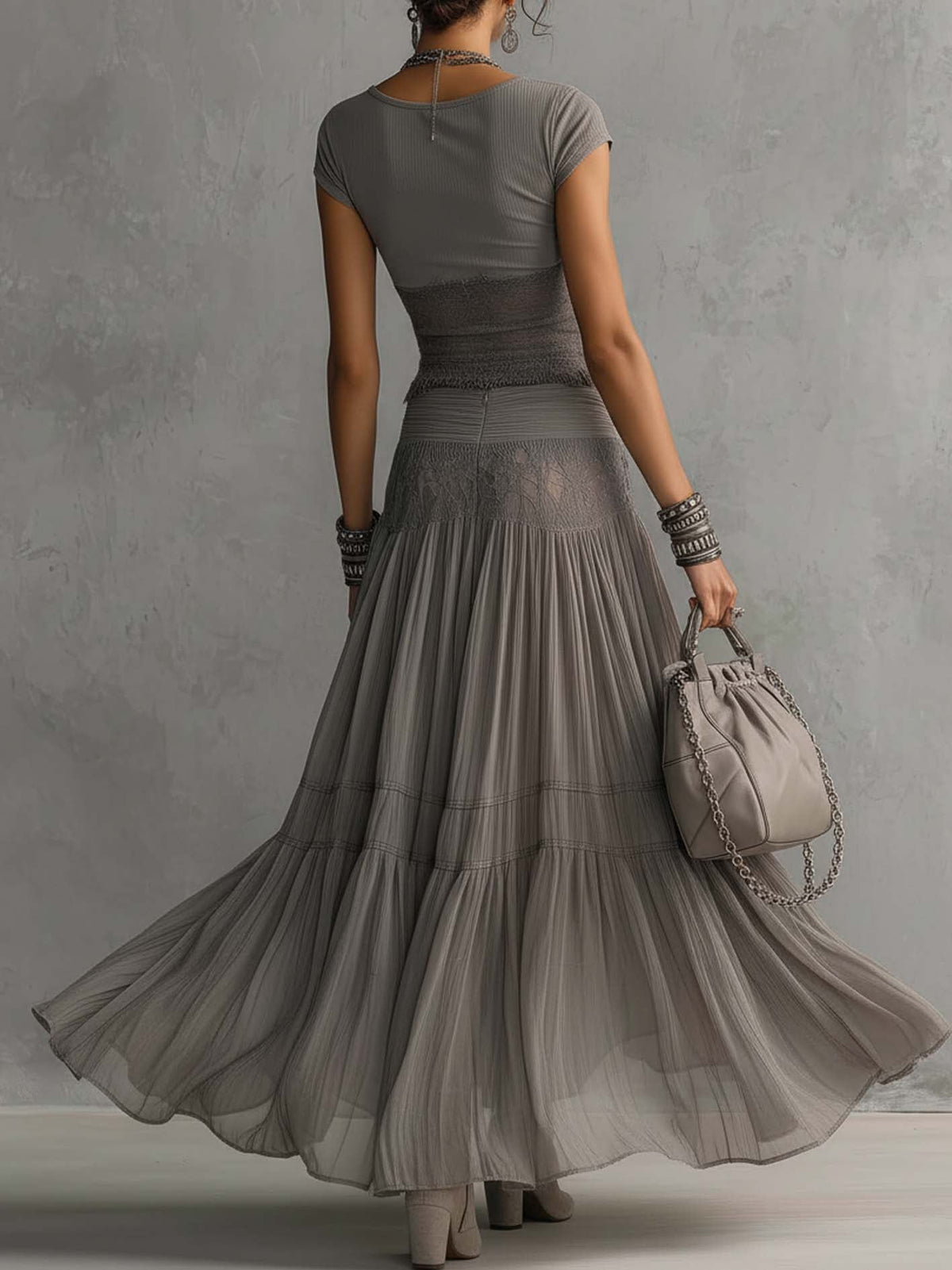 Elena | Lace Paneled Top & Pleated Maxi Skirt Set for Women
