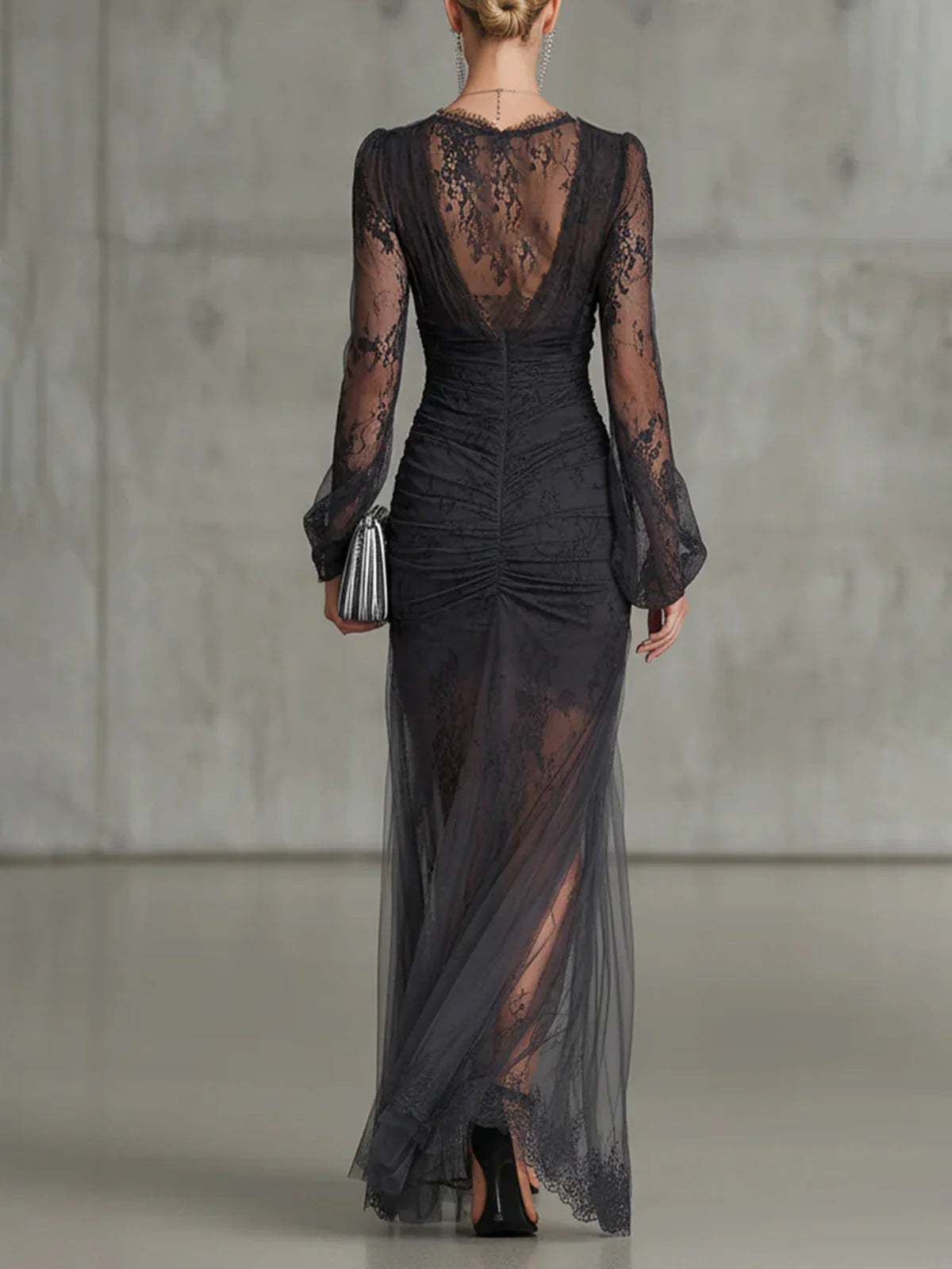Tessa | Lace Ruched Sheer Long Sleeve Maxi Dress for Women