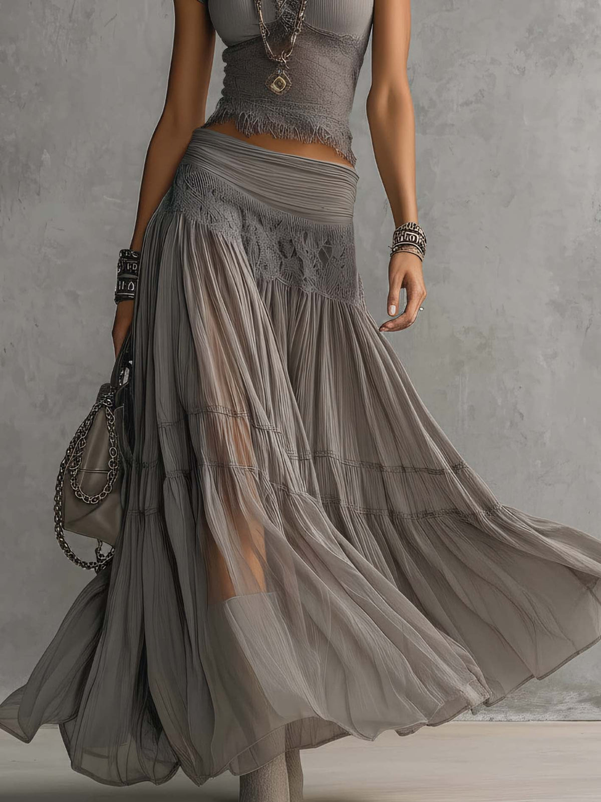 Elena | Lace Paneled Top & Pleated Maxi Skirt Set for Women