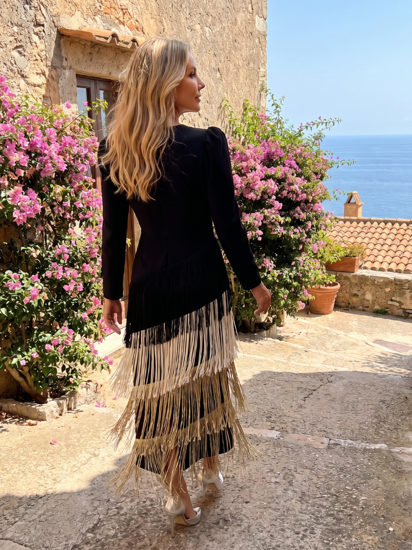 Iris | Long Sleeve Soft Fringe Skirt Midi Dress