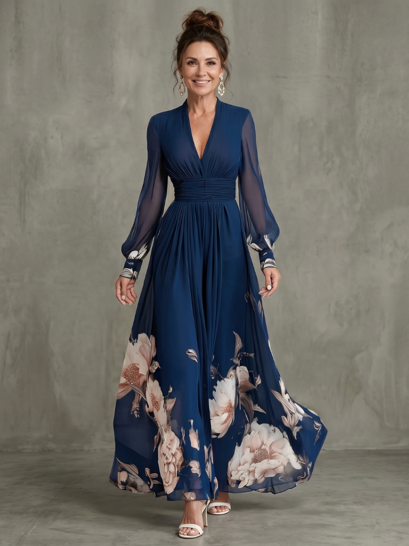 Chloe | Pleated Sheer Sleeves Maxi Dress