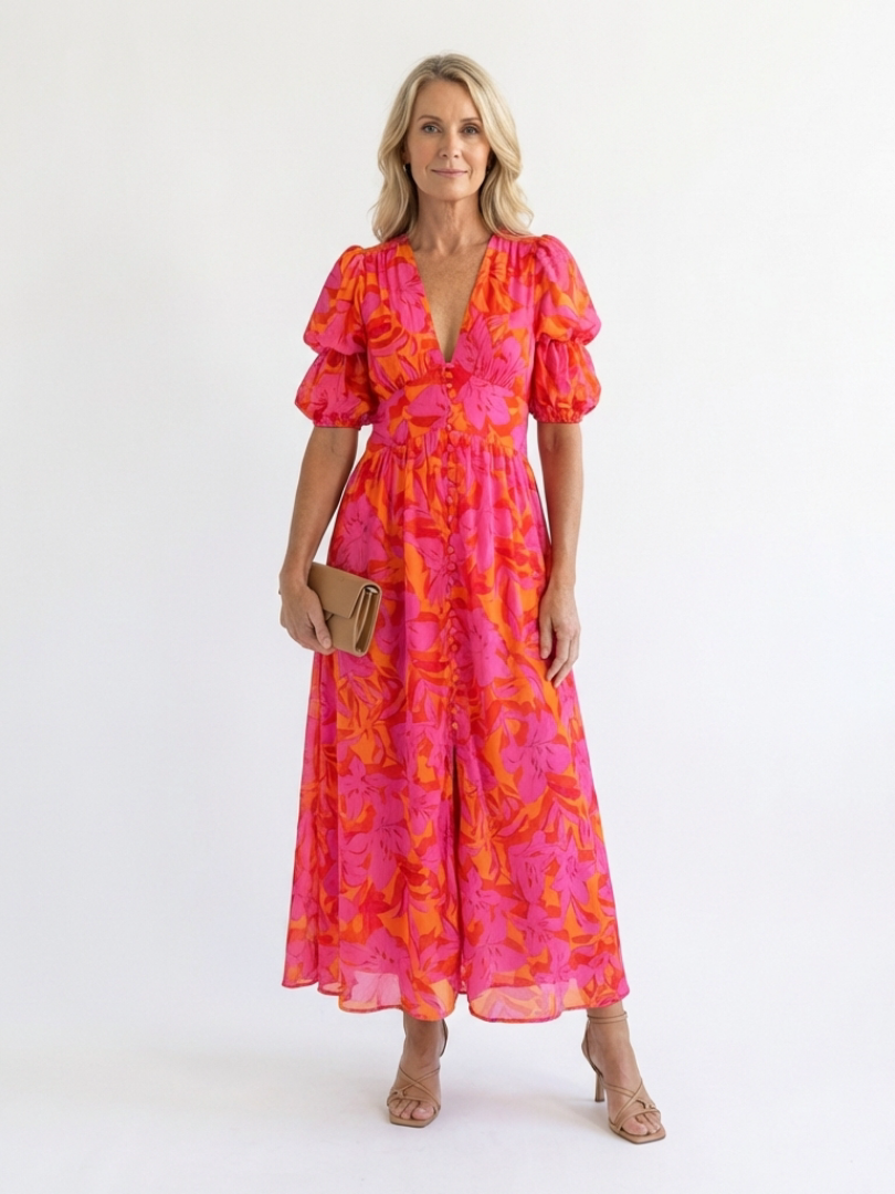 Winter | Floral V-Neck Puff Sleeve Midi Dress