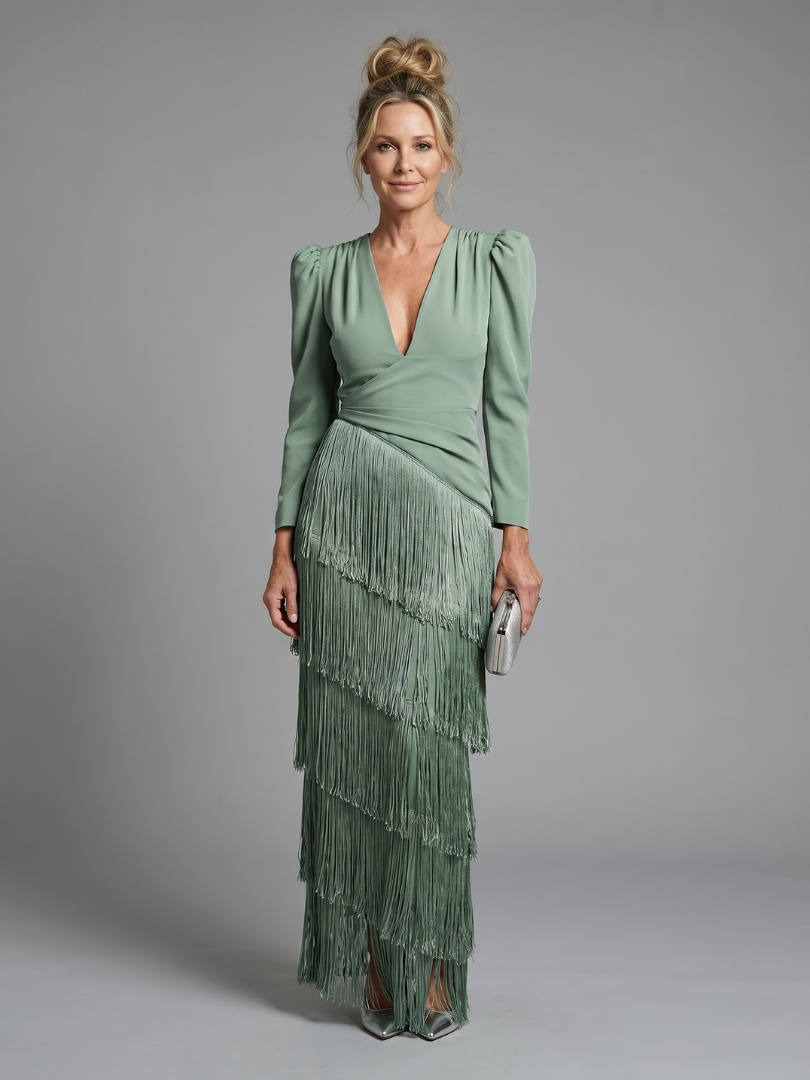 Iris | Long Sleeve Soft Fringe Skirt Midi Dress