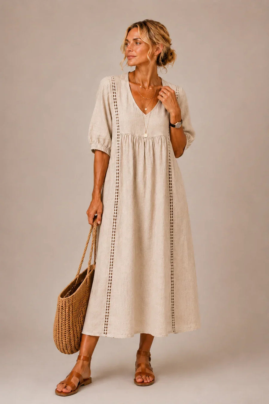 Linnea | Lace-Trim Linen Maxi Dress