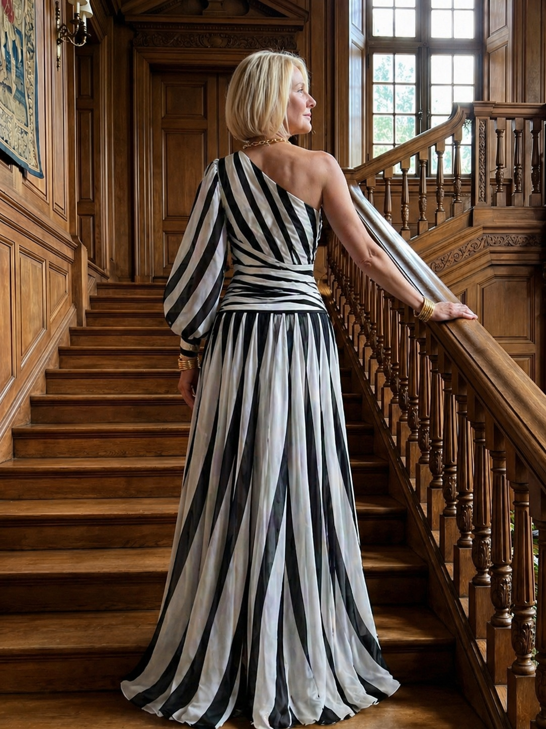 Kiera | Elegant Striped Maxi Dress with One Shoulder