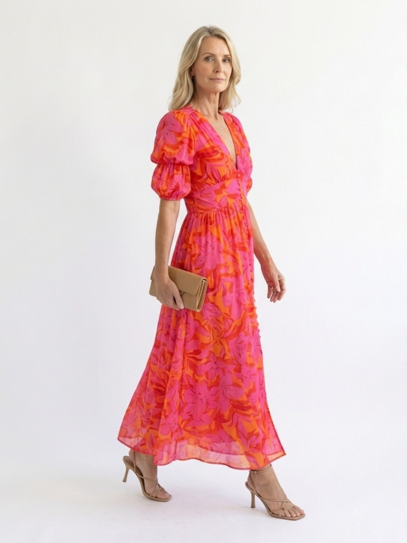 Winter | Floral V-Neck Puff Sleeve Midi Dress