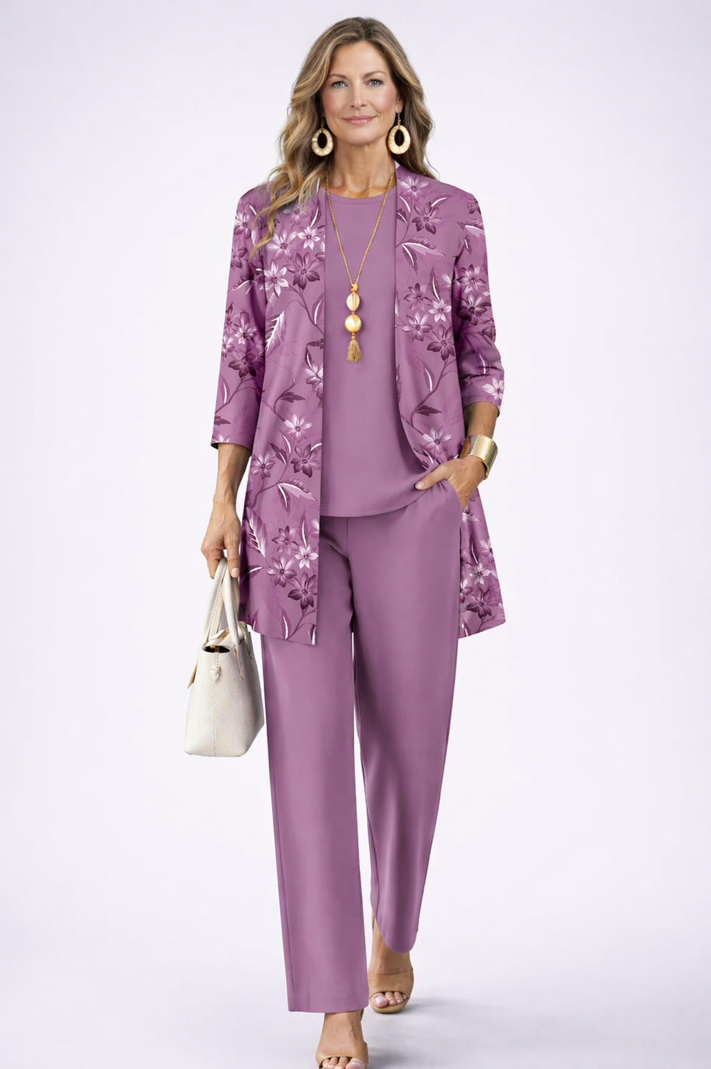 Margot | Floral Cardigan Top and Wide-Leg Pants Three-Piece Set
