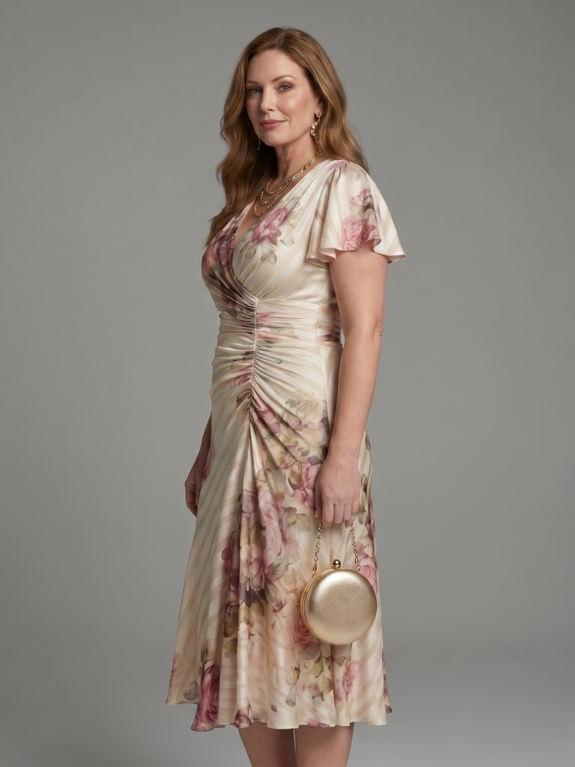 Ruby | Flutter Sleeve Wrap Floral Stripe Print Midi Dress