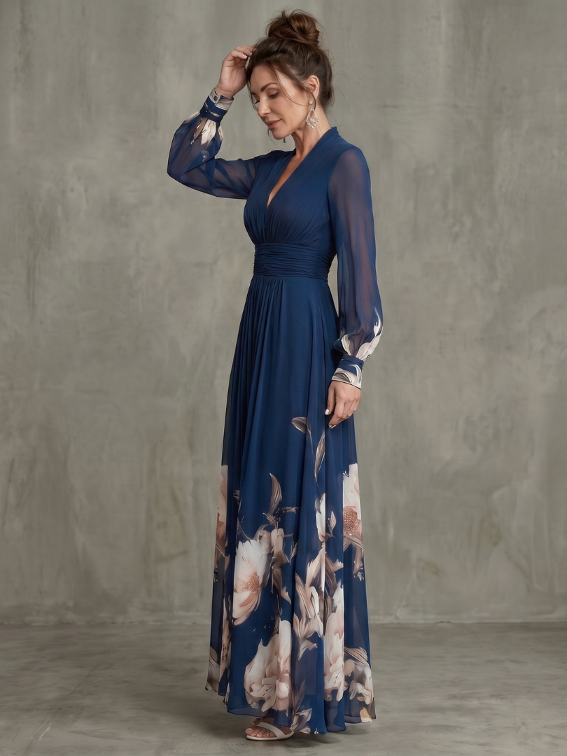 Chloe | Pleated Sheer Sleeves Maxi Dress