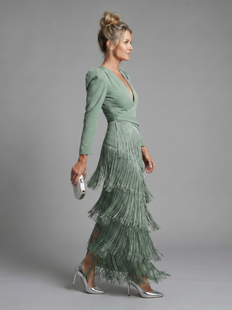 Iris | Long Sleeve Soft Fringe Skirt Midi Dress