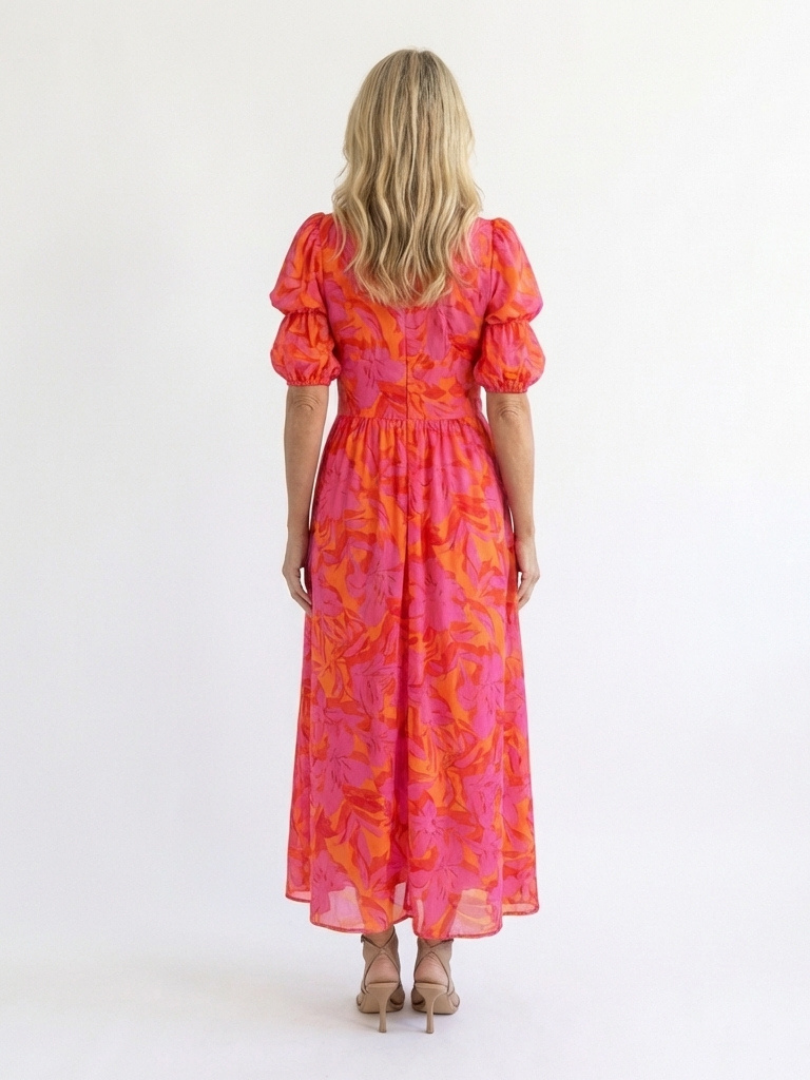 Winter | Floral V-Neck Puff Sleeve Midi Dress