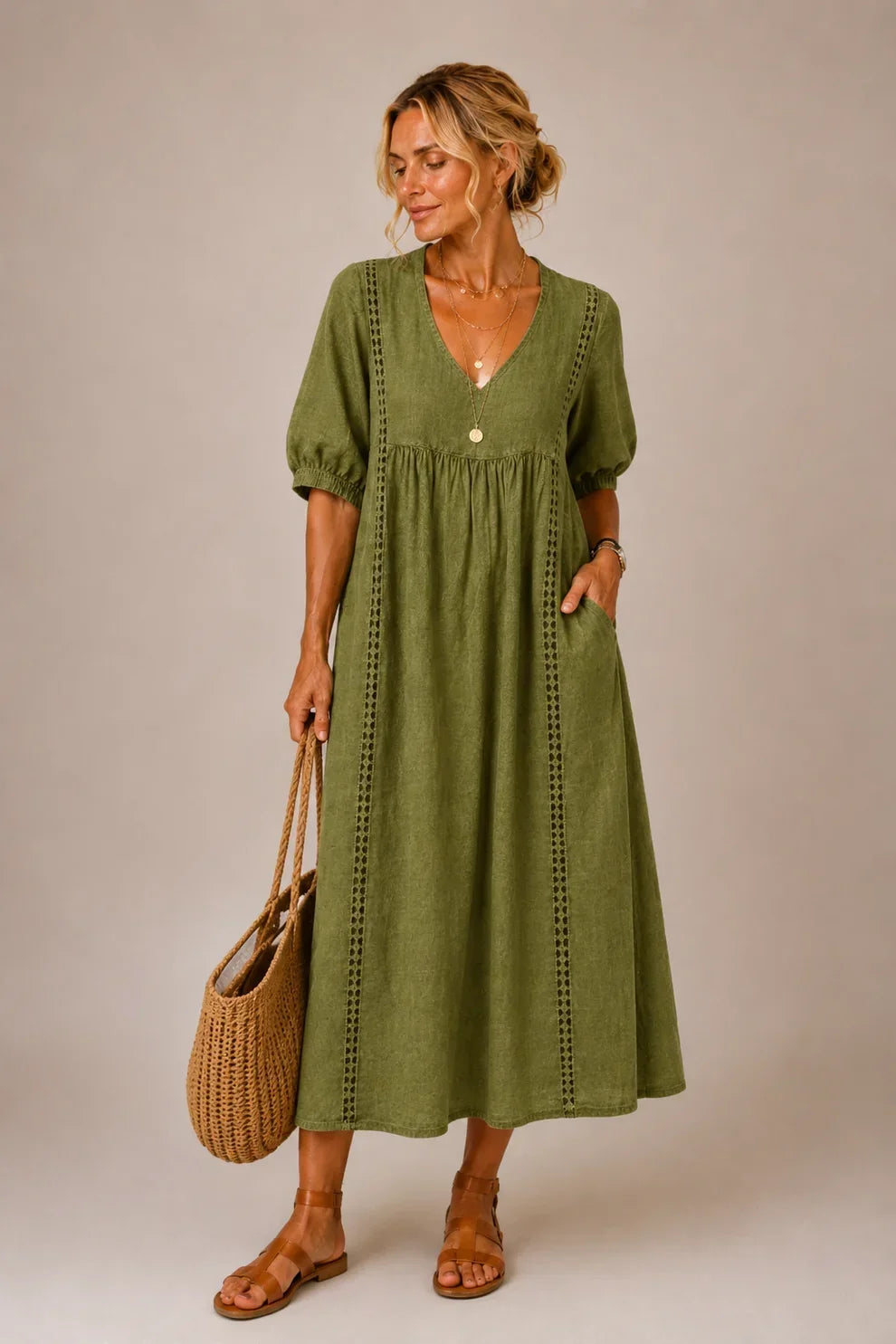 Linnea | Lace-Trim Linen Maxi Dress