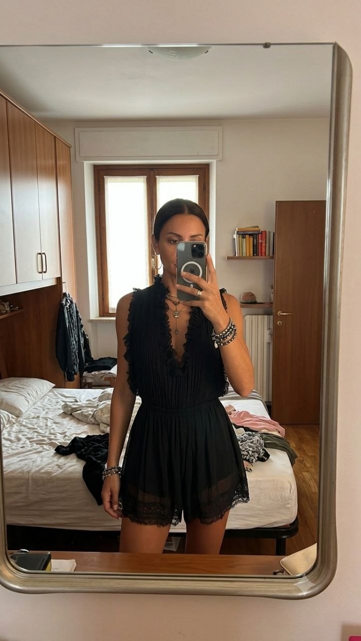 Sabine | Pleated Chiffon Romper with Lace Trim