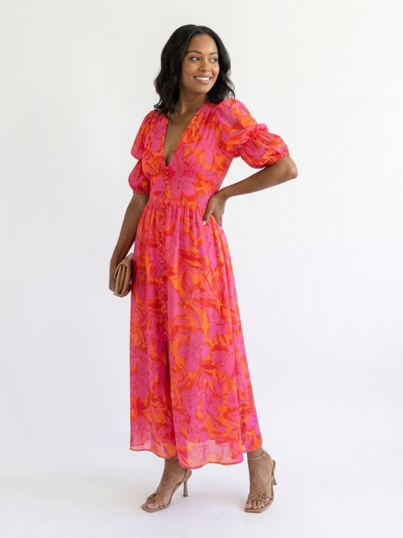 Winter | Floral V-Neck Puff Sleeve Midi Dress