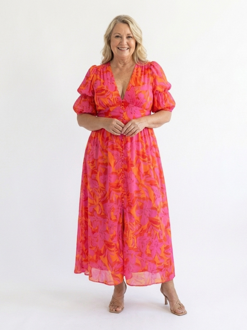Winter | Floral V-Neck Puff Sleeve Midi Dress