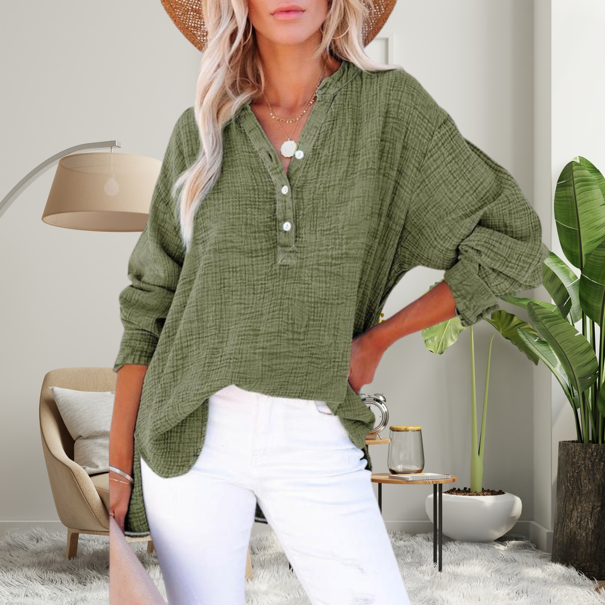 Brylin | Casual Button V-Neck Long Sleeve Oversized Blouse