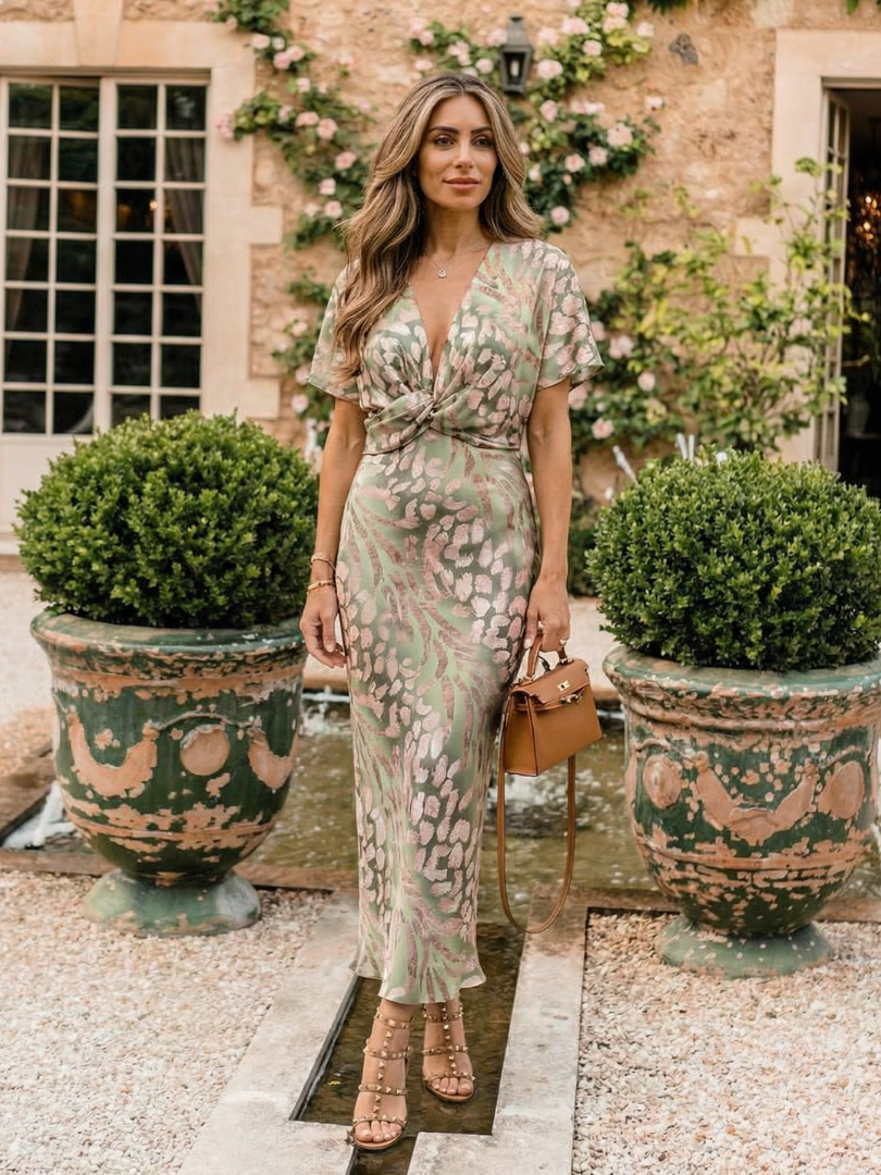 Hazel | Abstract Print V-Neck Twist Waist Midi Dress