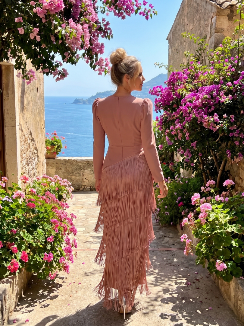 Iris | Long Sleeve Soft Fringe Skirt Midi Dress
