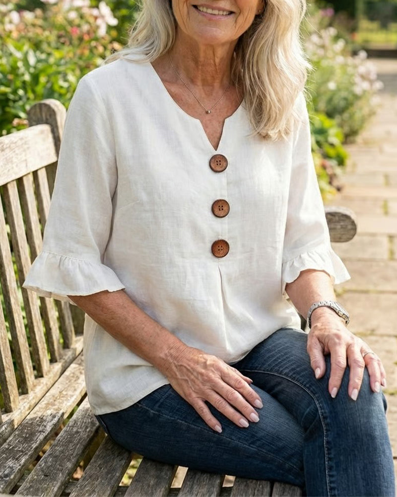 Sophia | Cotton-Linen Blouse with Wooden Buttons