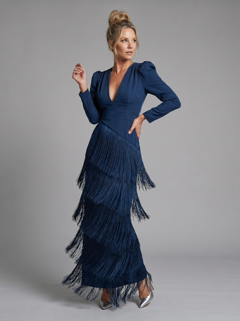 Iris | Long Sleeve Soft Fringe Skirt Midi Dress