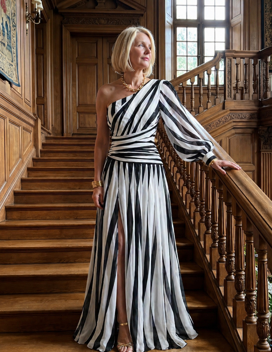 Kiera | Elegant Striped Maxi Dress with One Shoulder