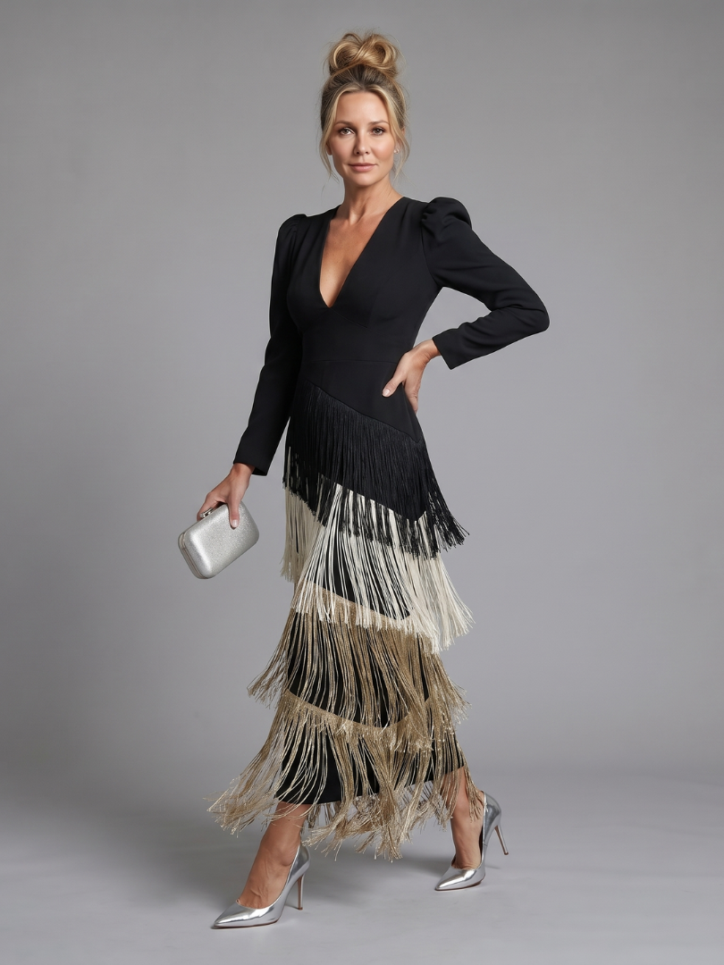 Iris | Long Sleeve Soft Fringe Skirt Midi Dress