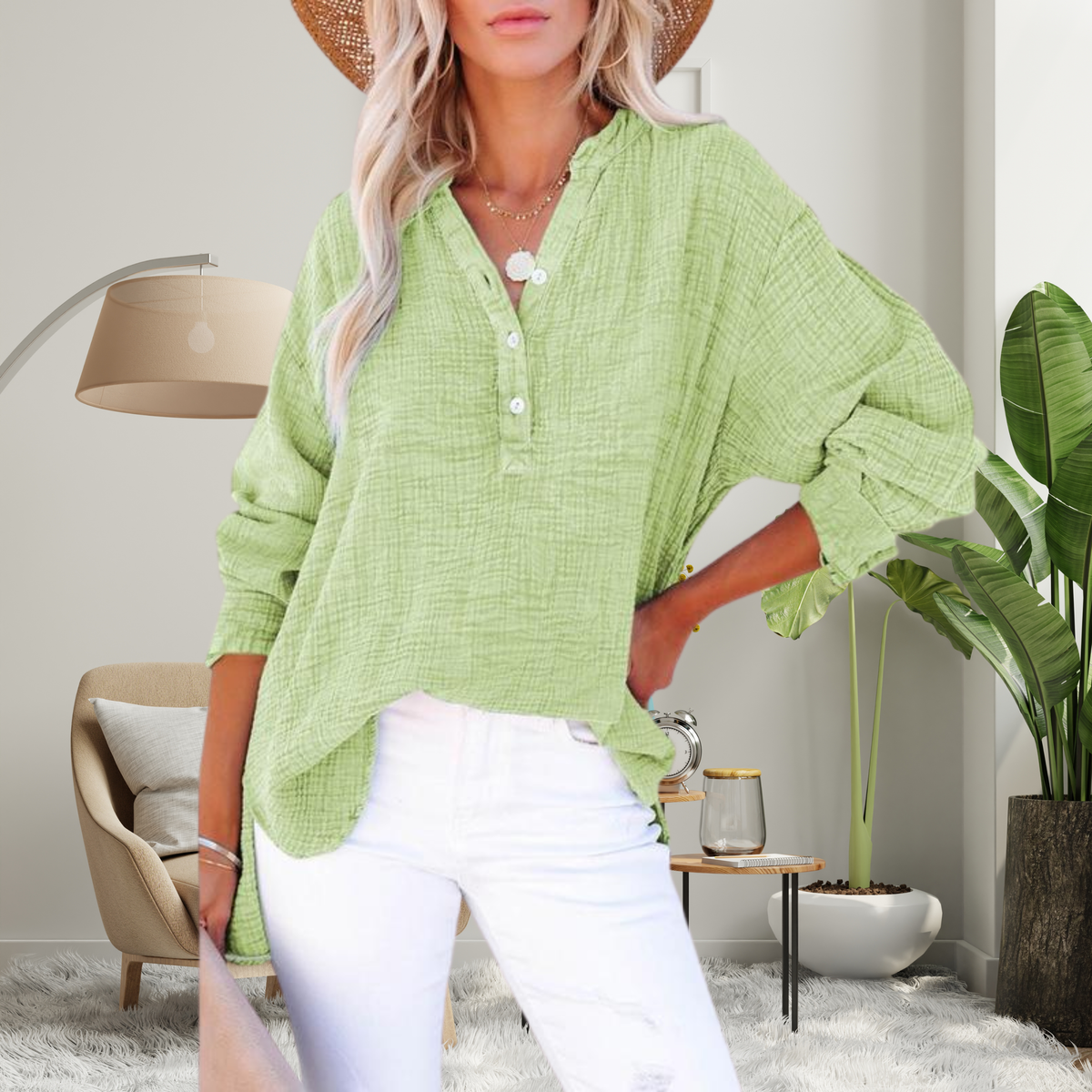 Brylin | Casual Button V-Neck Long Sleeve Oversized Blouse