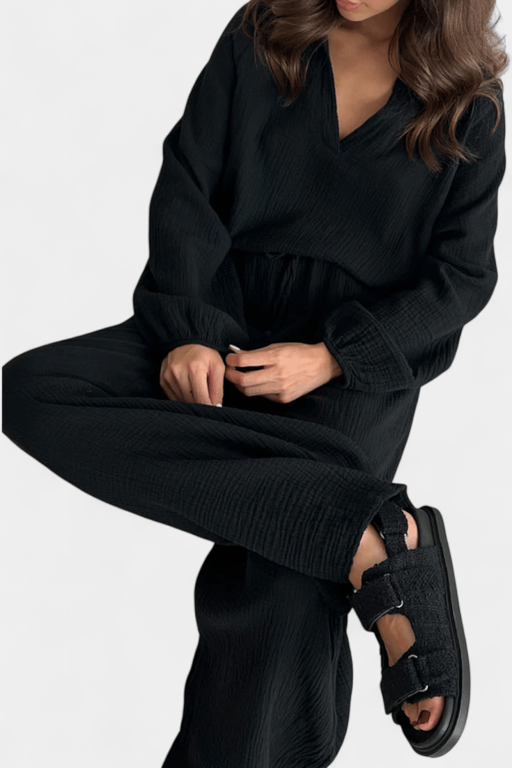 Kendra | V-Neck Long-Sleeve Wide-Leg Two-Piece Set