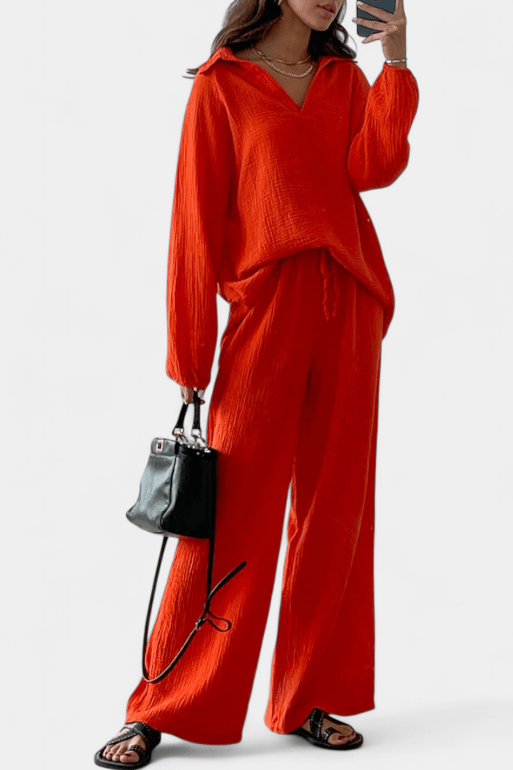 Kendra | V-Neck Long-Sleeve Wide-Leg Two-Piece Set