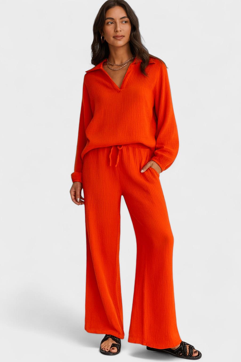 Kendra | V-Neck Long-Sleeve Wide-Leg Two-Piece Set