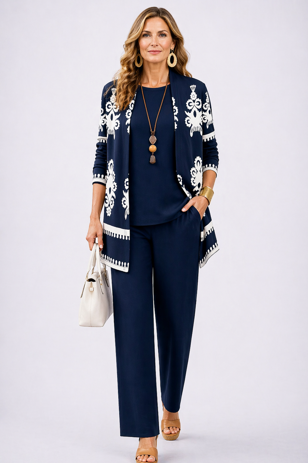 Grace | Patterned Cardigan Top and Wide-Leg Pants Three-Piece Set