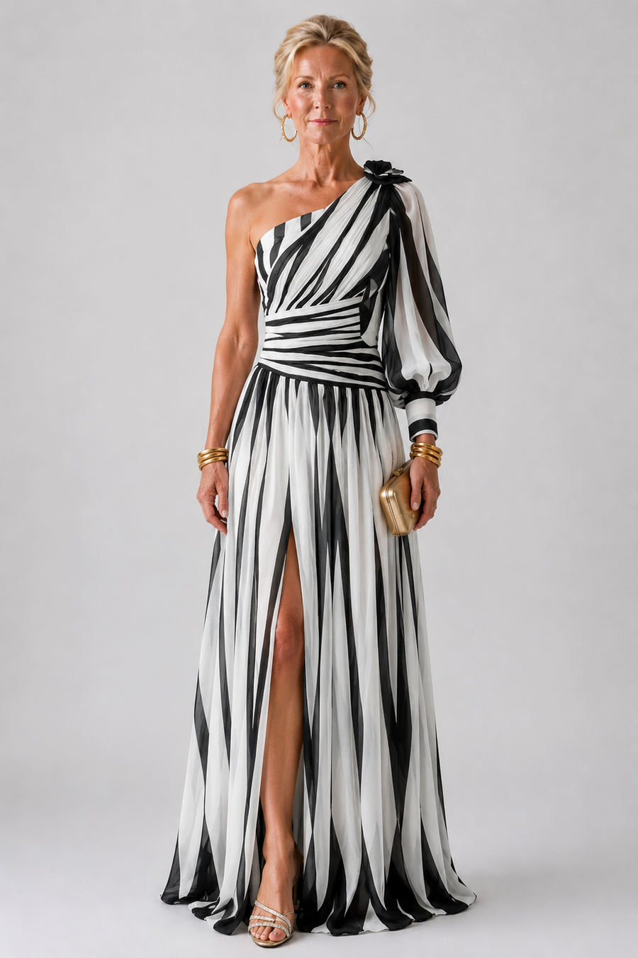 Kiera | Elegant Striped Maxi Dress with One Shoulder