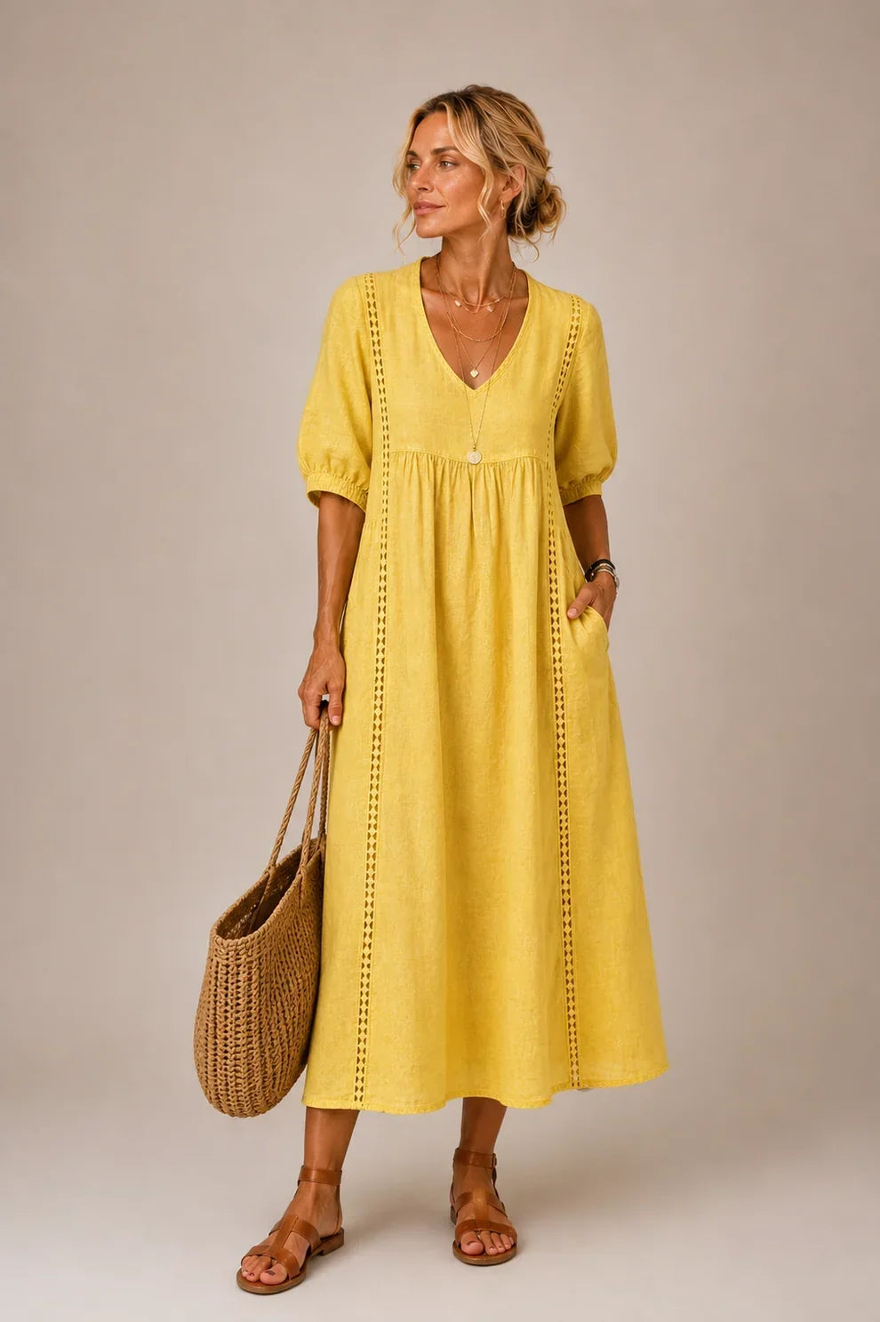 Linnea | Lace-Trim Linen Maxi Dress