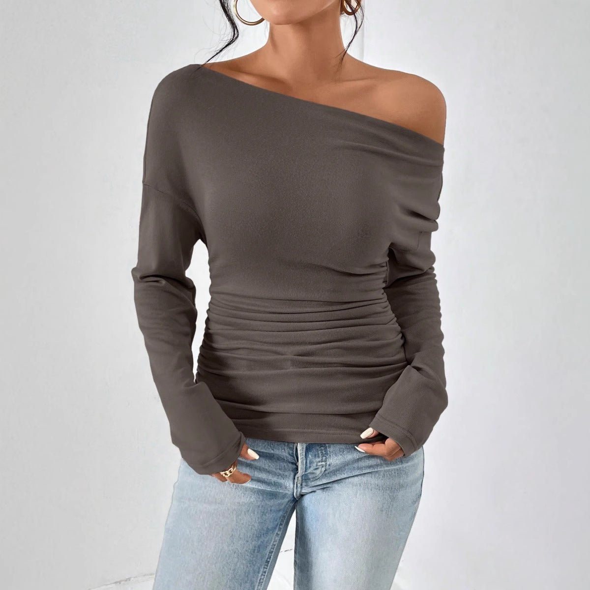 Gaty | Chic Long Sleeve Asymmetrical Shoulder Top