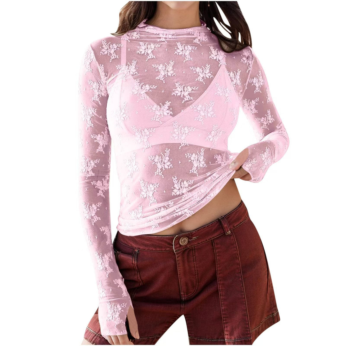 Novy | Lace Mesh Long Sleeve Fitted Blouse