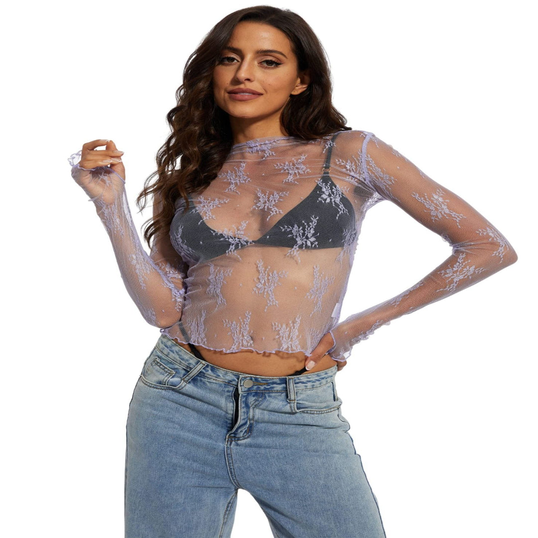 Novy | Lace Mesh Long Sleeve Fitted Blouse