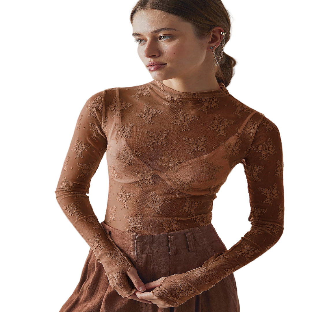 Novy | Lace Mesh Long Sleeve Fitted Blouse