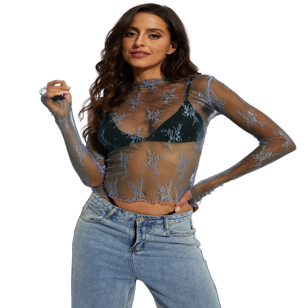 Novy | Lace Mesh Long Sleeve Fitted Blouse