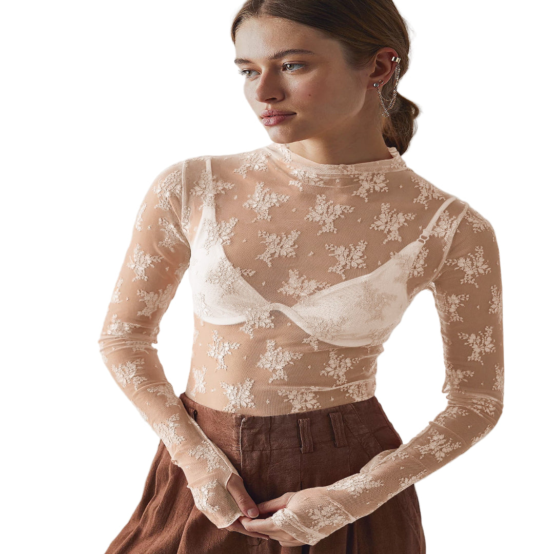 Novy | Lace Mesh Long Sleeve Fitted Blouse