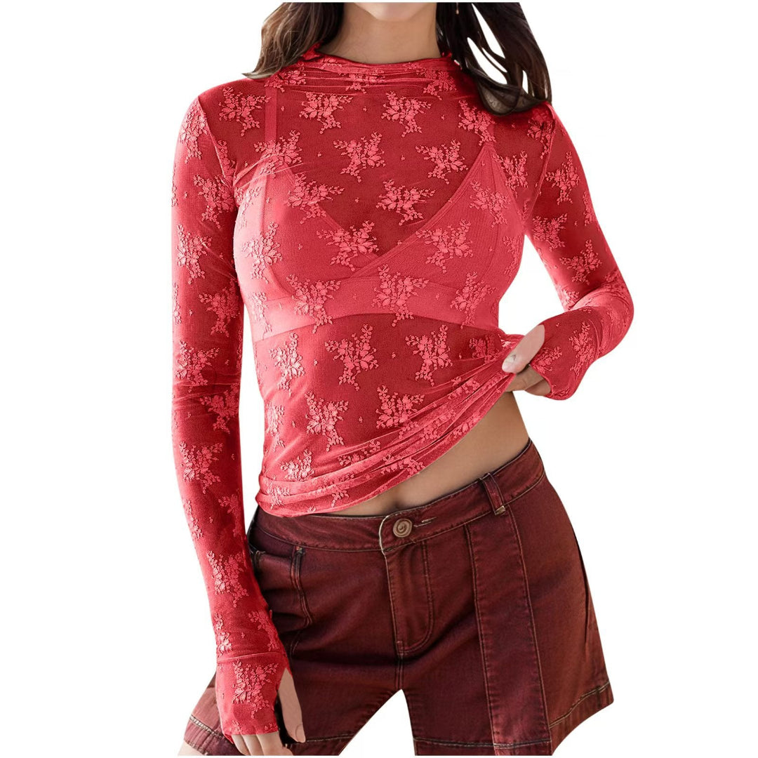 Novy | Lace Mesh Long Sleeve Fitted Blouse