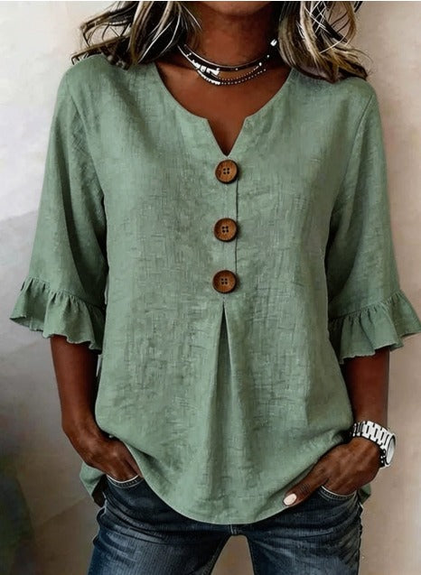Sophia | Cotton-Linen Blouse with Wooden Buttons