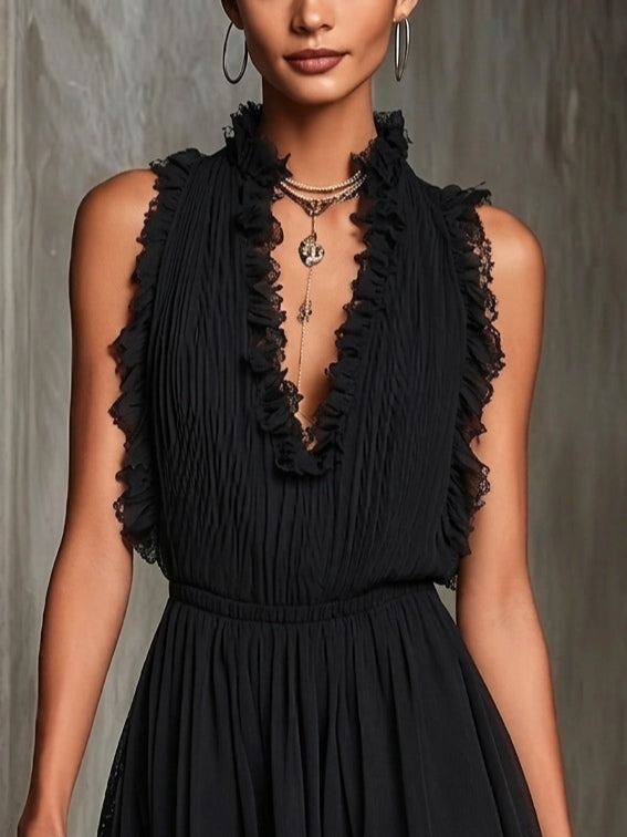 Sabine | Pleated Chiffon Romper with Lace Trim