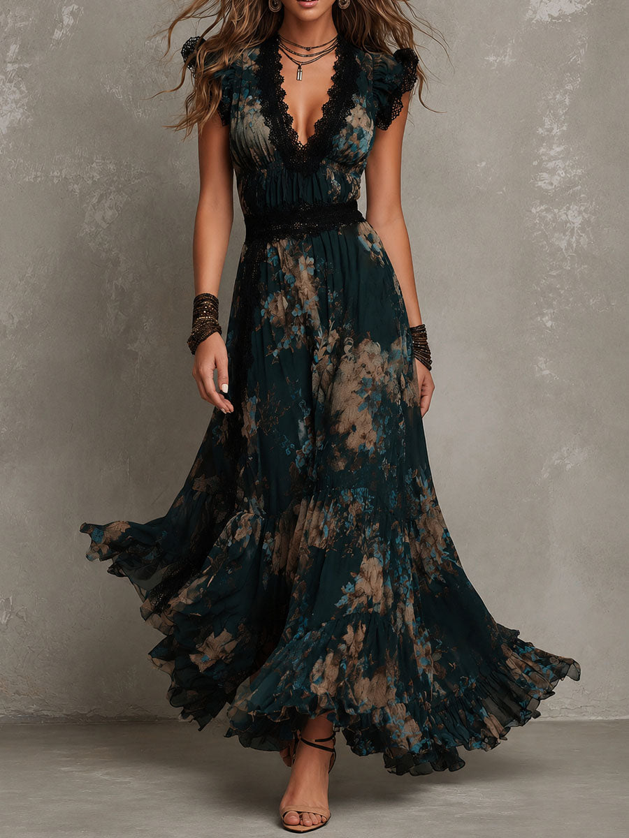 Lavinia | Abito Maxi Floreale con Dettagli in Pizzo