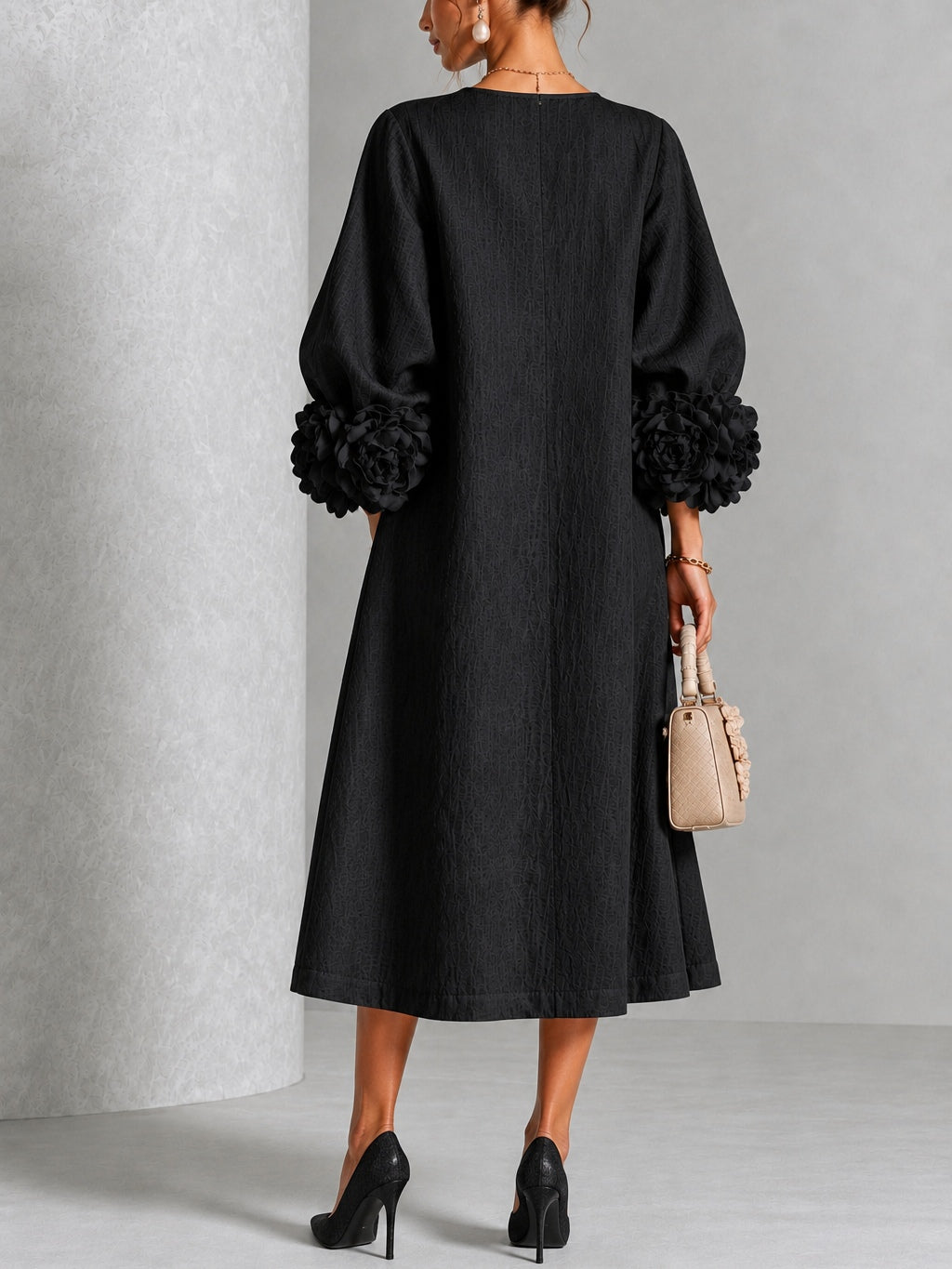 Danica floral-cuff midi dress, Black
