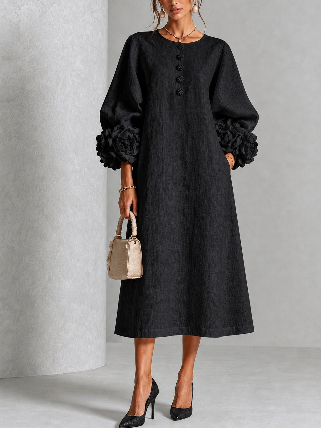 Danica floral-cuff midi dress, Black