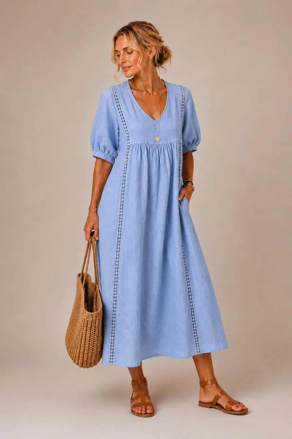 Linnea | Lace-Trim Linen Maxi Dress