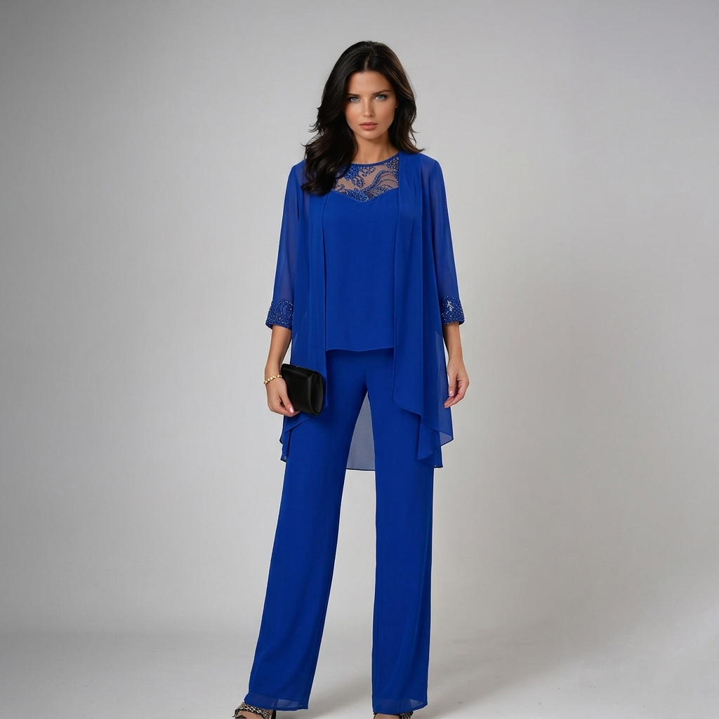Iva | Beaded Chiffon Wide-Leg Three-Piece Set for Women