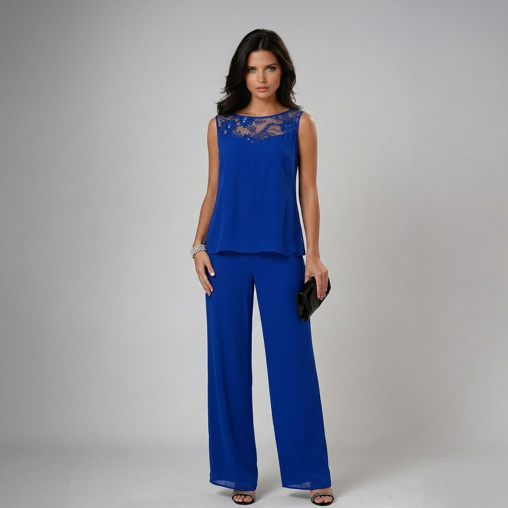 Iva | Beaded Chiffon Wide-Leg Three-Piece Set for Women