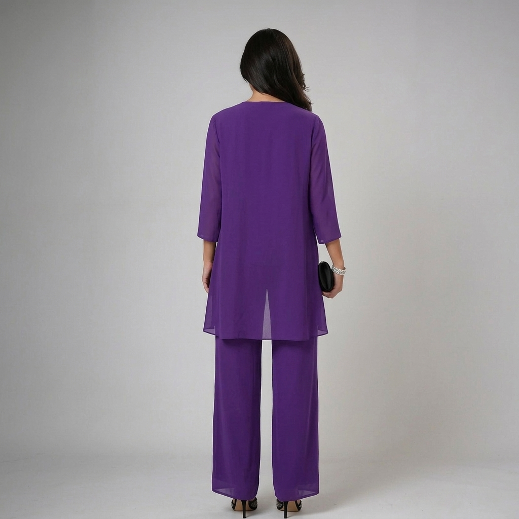 Iva | Beaded Chiffon Wide-Leg Three-Piece Set for Women